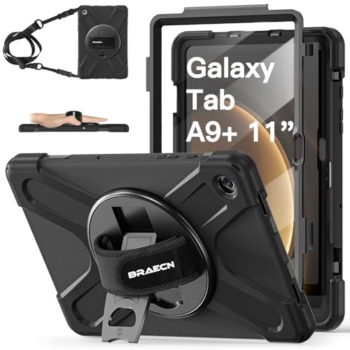 BRAECN Case for Galaxy Tab A9 Plus - Samsung Tablet A9+ Cover 11 Inch | Heavy Duty Shockproof with Screen Protector 360° Rotating Hand Strap & Stand, Shoulder Strap, SM-X210/SM-X216/SM-X218, Black