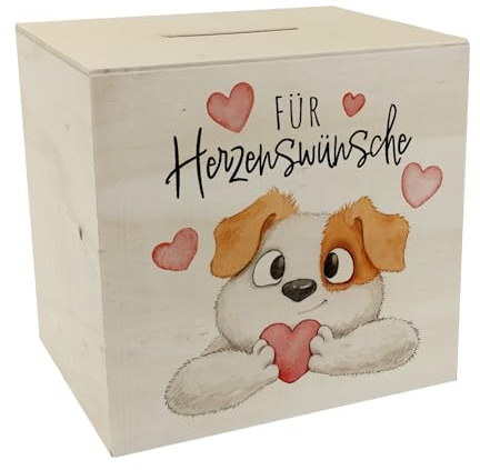Hund Spardose aus Holz mit Spruch Für Herzenswünsche Haustier-Liebe Geschenk für Hundemensch Terrier-Fans Herzen verbinden Freundschaft Geburtstag