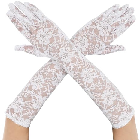 Telooco Guanti Lunghi da Donna Guanti da Dito con Fiore in Pizzo Guanti al Gomito Guanti da Sposa in Pizzo Guanti da Ballo Guanti Elasticizzati per Tea Party Costume Anni '20 (Bianco)