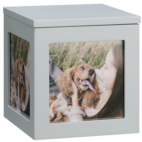 Navaris Urna Cenizas Perro - Caja Recuerdos de Mascotas con 3 Marcos de Fotos - Urnas para Cenizas Mascotas Perros y Gatos - Caja Personalizada con Fotos de 14 x 14 x 15 cm - Gris
