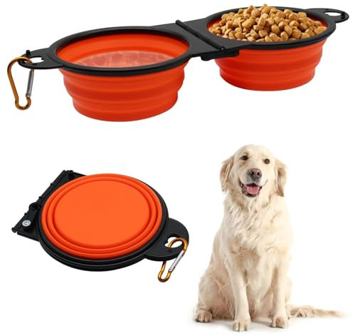 Comedero Plegable Portátil para Perros, 2 en 1 Cuenco Plegable de Silicona para Perros Bowl para Alimentar Mascotas con Lazo para Colgar para Paseos, Senderismo y Camping