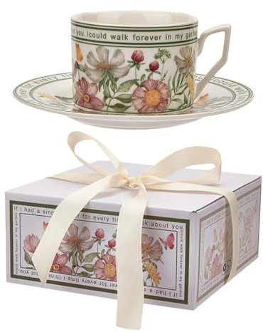 Tazza da caffè con piattino, set da caffè in ceramica floreale da 240 ml, tazza da piattino elegante, set di tazze per bevande floreali in ceramica di ispirazione vintage con design