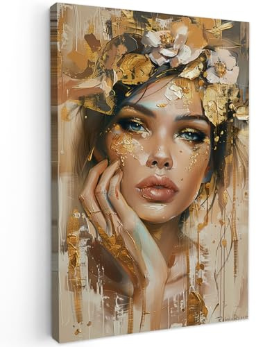 MuchoWow© Cuadros Decoracion Salon Modernos Dormitorios Cuadro Decorativos | 40x60 cm - de Lienzos Decorativo Decoración Cabecero Cama Mujer - Flores - Oro - Retrato