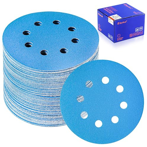 SpeTool 5 Inch Sanding Discs, 60 Pieces 80-400 Grit Hook and Loop Sandpaper Assortment, 8 Hole Wet Dry Film Backing Sanding Discs for Random Orbital Sanders