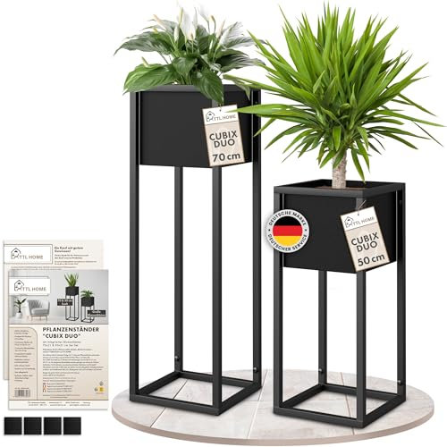 TTL HOME Blumenständer CUBIX DUO 2er Set - Pflanzenständer Metall schwarz 50 und 70 cm hoch - Design Blumentopfständer rostfrei - Blumensäule Blumentopf Ständer innen + außen für Blumen Pflanzen Deko