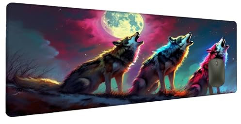 Mauspad XXL 1200x600mm Wolf Mousepad Groß Schreibtischunterlage Mond, Gaming Mauspad Gadgets Schreibtisch Zubehör, Wasserdicht Mouse Pad rutschfeste Vernähte Kanten Verbessert Geschwindigkeit Y-6