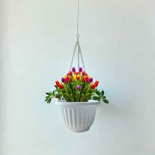 GMM Vaso Sospeso da Giardino, 20 cm, Vaso Pensile con Catena in Metallo e Gancio per Piante e Fiori (Bianco)