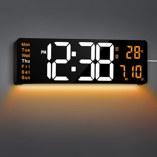 Maxstar Orologio 16 con Telecomando, 2 Sveglie, Ora Legale, Data, Dimmer, Temperatura, Numeri Jumbo, LED, Luci Notturne per Soggiorno, Cucina, Palestra (Arancio)