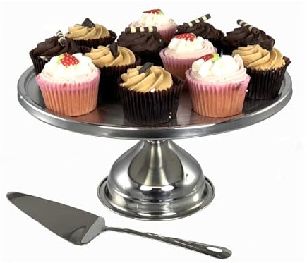 Buckingham Stainless Steel Cake Stand with Server Elegant Display Serving Tray for Cakes Cupcakes Sandwiches Modern Dessert Stand for Parties Events & Commercial Use 30 cm