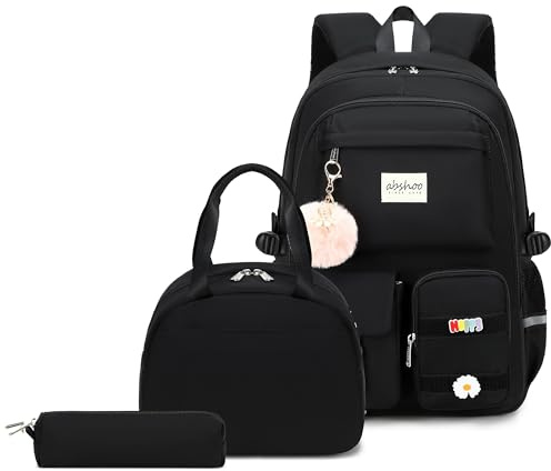 abshoo Large School Backpack with Lunch Bag Teen Girls School Bookbag 3PCS Student Backpacks Set Travel Daypack (Black)