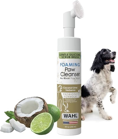 Wahl USA Gentle Foaming Dog Paw Cleaner, No-Rinse Probiotic Formula with Soft Silicone Paw Scrubber Brush, Coconut Lime Verbena Scent, 8 fl oz – Model 3028477