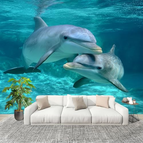 Papier Peint Intissé 3D Panoramique 250x175 cm Motif Animal Dauphin Papier Peint Photo Fresque Murale Décoration Murale Personnalisée, Bleu Résistant à la Poussière, Poster Mural