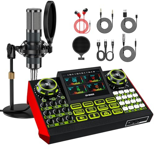 G9 Podcast Microphone Bundle with Live Sound Card Audio Mixer, Podcast Equipment Bundle Sound Board with 3.5mm Condenser Microphone for Pc/Phone Live Streaming Singing Gaming,Voice Changer, Denoise
