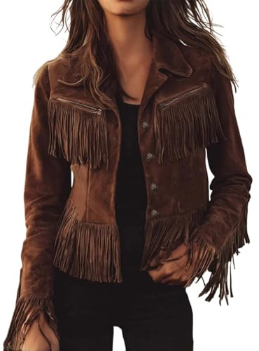 Veste en cuir à franges pour femme - Imitation daim - Manteau court avec pompon - Veste en daim - Manches longues - Veste cropped - Hippie - Cowgirl - Cowboy - Carnaval - Costume d'extérieur - Veste