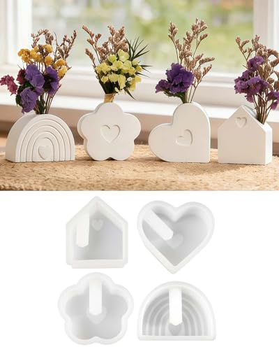 EPODA 4 Stück Silikonform Regenbogen Haus Herz Blumen, Silikonformen Gießformen Kerzenhalter, DIY Gießform kerzenhalter