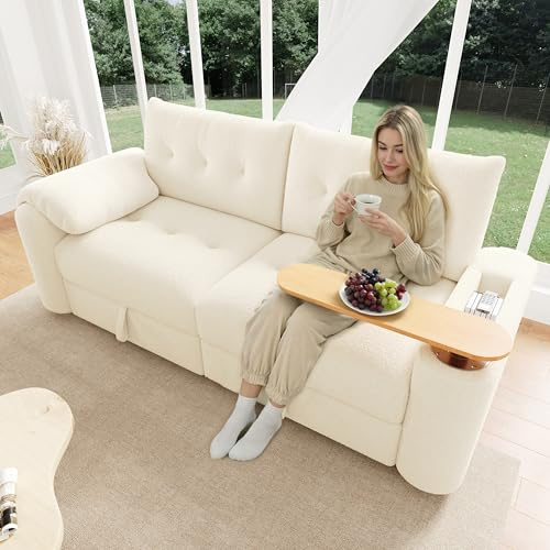 BTM Teddyplüsch 3-Sitzer Sofa Klein Chaiselongu mit Stauraum, Kopfstütze, Beistelltisch Schlafcouch für Wohnzimmer Beige