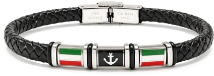 amorili Bracciale Ancora Uomo con Bandiera Italiana in Acciaio Inox e Pelle Intrecciata – Gioiello Maschile Stile Nautico – Accessorio Resistente – Idea Regalo Uomo