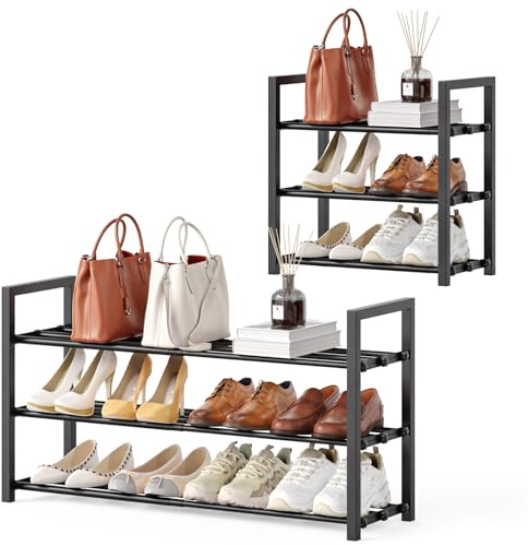 Roylvan Erweiterbares Schuhregal, 3-Reifen 17“-31“ Stapelbares Schuhregal, strapazierfähiger, verstärkter Metall-Schuhhalter für 6-12 Paar Schuhe für Kleiderschrank, Eingang, Tür, Wohnheim