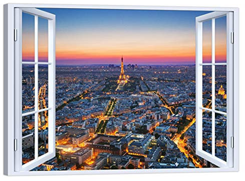 LuxHomeDecor Quadro Finestra Parigi Tramonto 100x75 cm Stampa su Tela con Telaio in Legno Arredamento Arte Arredo Moderno