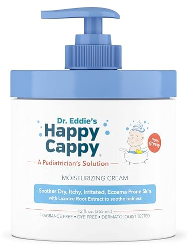 Happy Cappy Dr. Eddie's Moisturizing Cream For Children, Soothes Dry, Itchy, Irritated, Eczema Prone Skin, Dermatologist Tested, No Fragrance, No Dye, Non-Greasy, 12 oz Jar With Pump