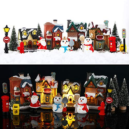 SKYLETY 16 Pieces Christmas Village Houses Set Decorations LED Lights Christmas Town Scene Desktop Ornaments Figurines Accessories Buildings Battery Operated Landscape Decor