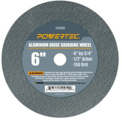 POWERTEC Bench Grinder Wheel 6 Inch 150 Grit, Aluminum Oxide Grinding Wheel for Bench Pedestal Grinder, 3/4 Thick 1/2 Arbor, Sharpening & Shaping Drill Bits, Blade, and Chisel 1PK (15520)