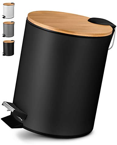 VMbathrooms 5L Poubelle Salle de Bain à Pédale | Fermeture Souple | Design Élégant avec Couvercle en Bois de Bambou | Noir | + E-Book Gratuit