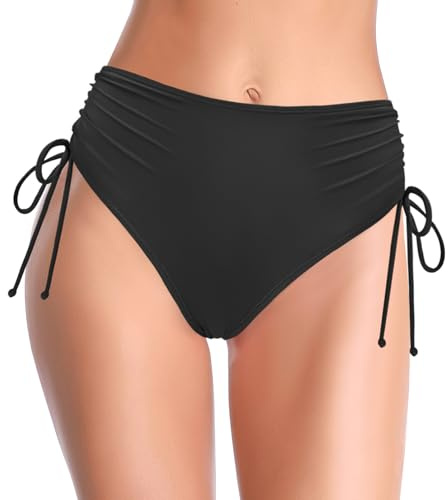 SHEKINI Bas de Maillots Femme Vintage Froncé Taille Haute Plis latéraux Tankini Bas de Bikini Short Bikini de Plage Été Femme Contrôle Abdominal Triangle Shorts de Maillots (S, Noir)