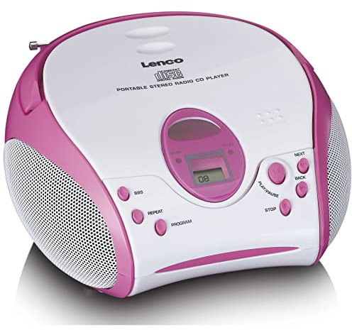 Lenco SCD-24 Kids - Lettore CD per bambini - Radio CD - con adesivi - Boombox - Sintonizzatore radio FM - Memoria titolo - 2 x 1,5 W RMS - Alimentazione a batteria e alimentazione - Rosa