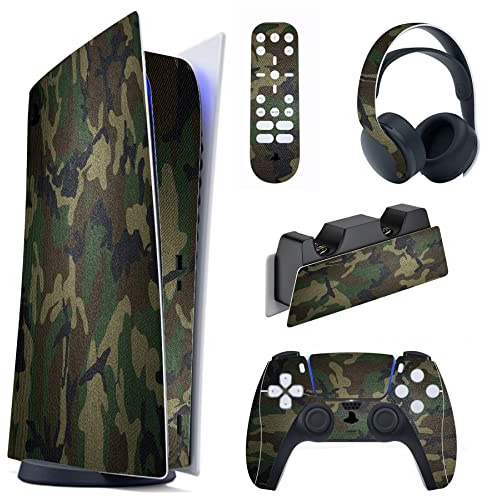 playvital Adesivo Skin per ps5 Standard Console Digital Edition | Cover Sticker Decal Vinile per Controller Telecomando Cuffie Base di Ricarica, Non per Slim/Pro, Verde Militare Mimetico