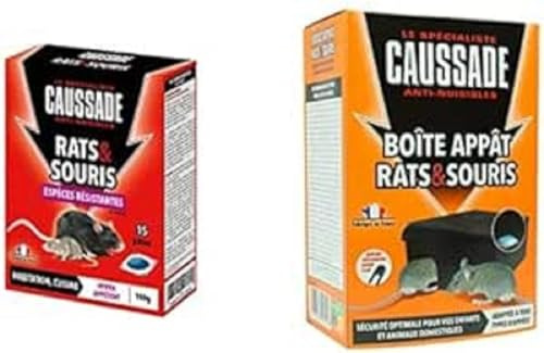 Caussade Kit Anti Rats & Souris - Boîte D'Appât + 15 Sachets Pâtes - Prêt À l'emploi - Une Ingestion Suffit - Fabriqué en France - 150g - Lieux Secs & Humides