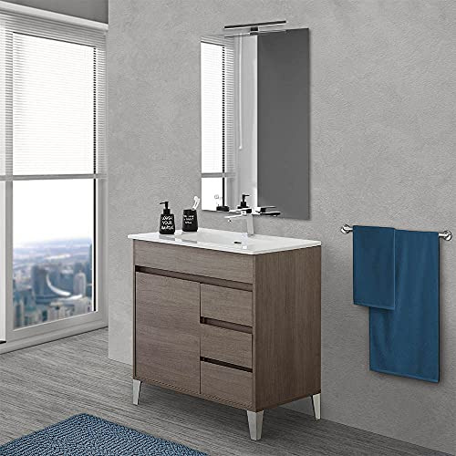 Inbagno Mobile Bagno a Terra 80 cm, Linea Way 3 cassetti + Un’Anta, Completo di lavabo e Specchio (Rovere Scuro)