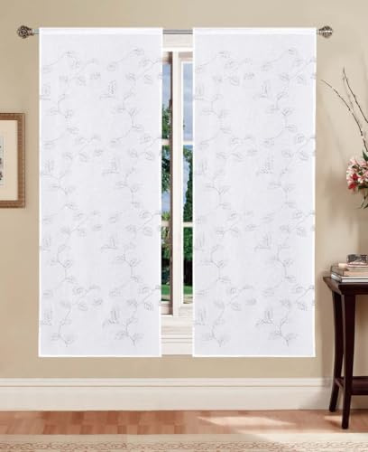 Tata Home Coppia Tende a Vetro Bianche per Interno Semitrasparenti Cucina Tendine Bagno con Ricamo Grigio Misura 60x150 cm MOD. EGLEB1