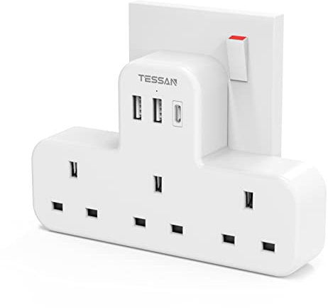 USB C Charger Plug UK, TESSAN 3 Way Plug Extension Socket with 3 USB, Multiplug Charging Station for School Home, Kitchen, Office, School Supplies