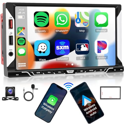 Radio de coche doble Din inalámbrica CarPlay & Wireless Android Auto – 7 pulgadas pantalla táctil radio con Bluetooth/Mirror Link/Receptor de radio FM/Cámara de marcha atrás/SWC/USB/AUX in MP5 Player