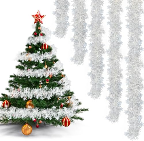 LIMITADA 5 PCS Espumillón Árbol Navidad 2 m Guirnalda de Oropel de Navidad Espumillón Navidad Blanco Brillante Espumillón Decorativo Navideño para Árbol De Navidad Pared Puerta Escalera Ventana