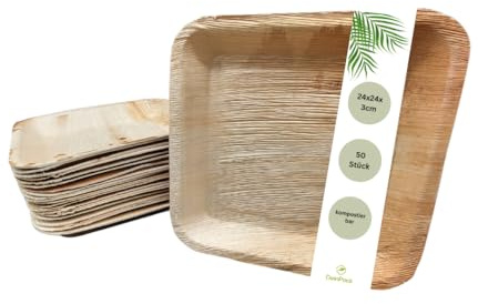 DeinPack 50 Palmblatt Teller 24x24x3 cm eckig Bio Einweg kompostierbar | Partygeschirr | Einmalgeschirr | Wegwerfgeschirr | Snackschale | Teller kompostierbar