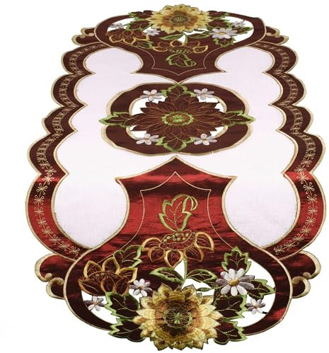 Hossner Tischläufer Oval 40x110 Sonnenblume Tischdecke Stickerei Decke Geblümt Läufer Bordeaux Stoff Tischdekoration Bestickt Sommer Herbst