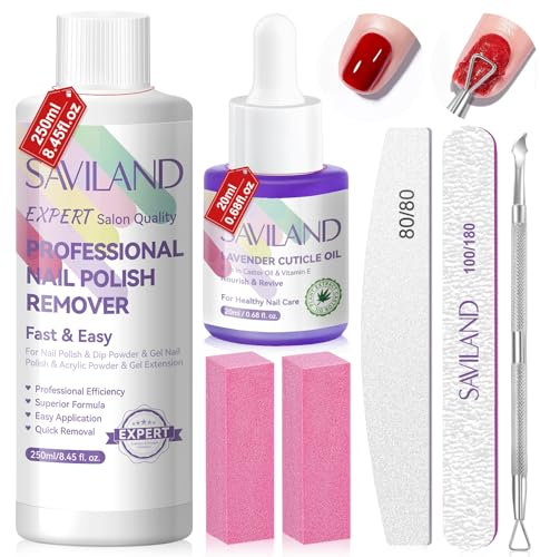 Saviland 100% Acetone Nail Polish Remover: Acrylic Remover Kit With Cuticle Oil Nail Files Nail Buffers Cuticle Peeler For Nail Polish, Dip Powder, Gel Nail Polish, Acrylic Remover & Gel Extension