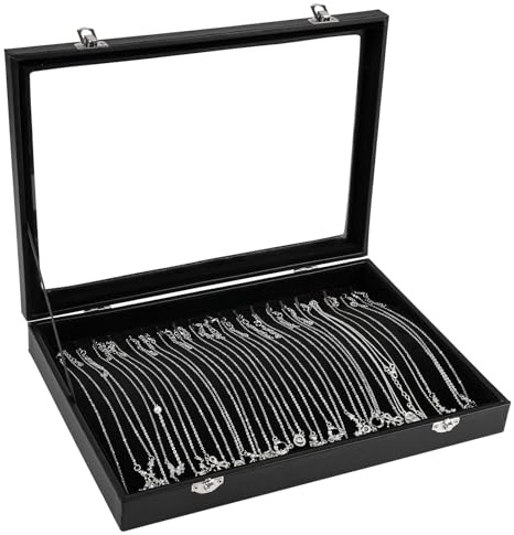 Deepton 20 Hooks Jewellery Organiser, Velvet Necklace Organiser, Necklace Stand with Clear Lid, Lockable Necklace Display Storage Insert, Dustproof, 13.58(L) X 9.52(W)