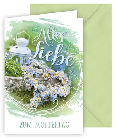 KE - Elegante Glückwunschkarte zum Muttertag, inkl. Umschlag, Muttertagskarte, Muttertag Karte, DIN B6 Format, Motiv: Korb mit Blumen und Laterne - Alles Liebe