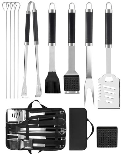 BBQ Tools Set for Dad, 11pcs Stainless Steel BBQ Utensils Set with Heat Resistant Handle, Case, Premium BBQ Accessories Set for Travel, Camping, Outdoor, BBQ Kit for Men and Women Gift