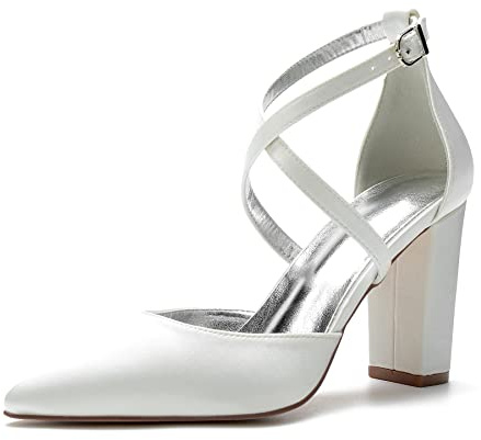 Scarpe da Sposa con Tacco Largo in Raso da Donna A Punta Décolleté con Cinturini Incrociati Scarpe da Matrimonio in Raso,Avorio,37 EU