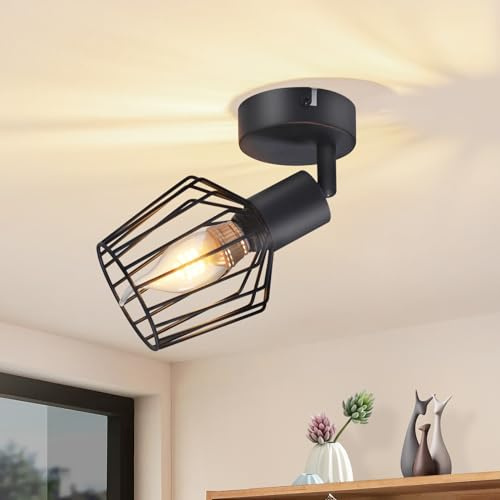 Lichtmaler Deckenstrahler Schwarz Deckenspots 1 Flamming Deckenlampe | Industrial E14 Vintage Deckenleuchte Schwenkbar Drehbar 350° für Flur Badezimmer Küche (ohne Leuchtmittel)