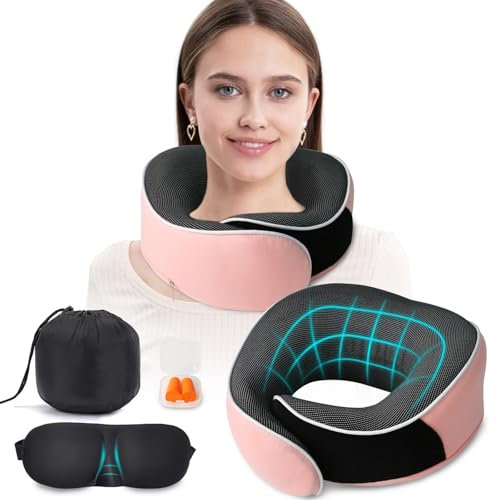 Flugzeug Kissen Reisekissen, Verbessertes Nackenkissen Flugzeug Aus 100% Memory Foam, Ergonomisches Design NackenhöRnchen, Weiches Reisekissen Flugzeug, Set Mit 3D-Konturierten Augenmasken (Rosa)