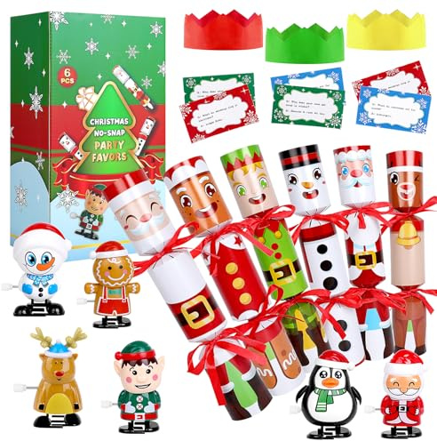 SULOLI 6PCS Babbo Natale e pupazzo di neve Natale Cra-ckers cappelli festa di Natale e Cra-ckers decorazioni natalizie (include giocattolo a vento di Natale)