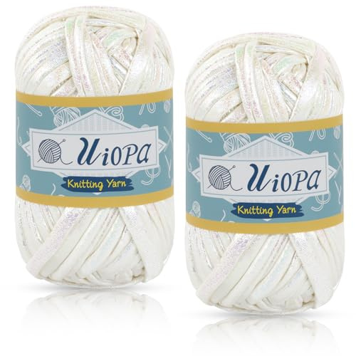 Uiopa Metallic T-Shirt Garn, 2 x 100g(2 x 33m) Bändchengarn Polyester Häkelgarn, Dickes Garn Crochet Yarn für Häkeltaschen, Körbe, Teppiche, Heimdekoration, DIY-Projekt (Weiß)