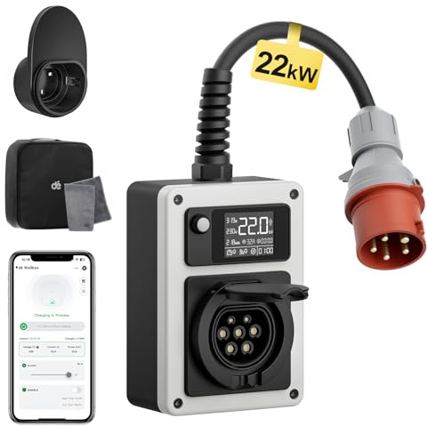 dé Estación de Carga EV 22 kW 32A, Cargador Wallbox con Enchufe CEE y Conector Tipo 2, Cargador de Coche Eléctrico con Edidor de Energía y Tarjeta RFID, para Model Y/3, GLC/A250 y tros VE y PHEV
