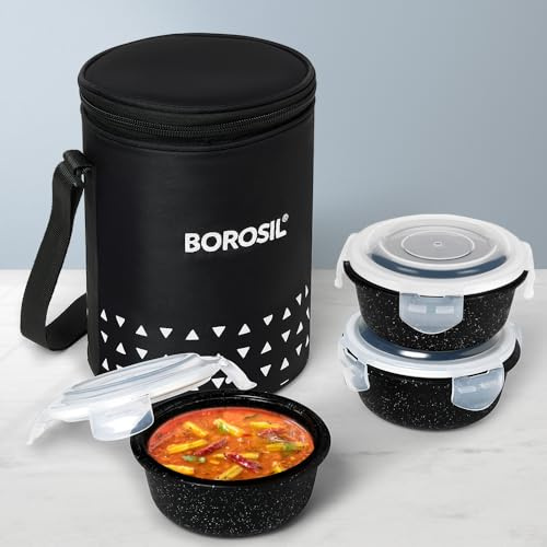 Borosil Borosilicate Glass Lunchbox with Bag | 400ml x 3pc Container Set | Microwave & Dishwasher Safe, Leakproof | Tiffin for Office, School, College (Kube Black)