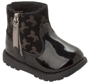 GIRLS BLACK PATENT UNICORN WINTER WALKING CHELSEA ANKLE BOOTS INFANTS SIZE 5-10 (Black, UK Footwear Size System, Little Kid, Numeric, Medium, 9)